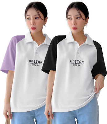 SCOWET Typography Women Polo Neck White T-Shirt