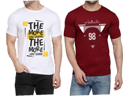 WOOSTRO Printed Men Round Neck White, Maroon T-Shirt
