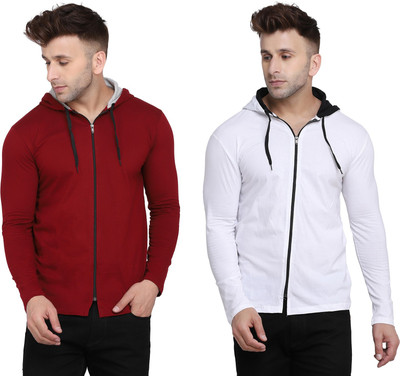 GEUM Solid Men Hooded Neck White, Maroon T-Shirt