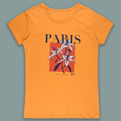 Wishkaro Graphic Print Women Round Neck Orange T-Shirt
