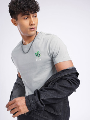 Glitchez Printed Men Round Neck Grey T-Shirt