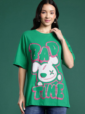 Dressberry Printed Women Round Neck Green T-Shirt