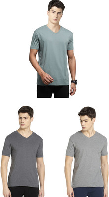 JOCKEY Solid Men V Neck Green, Grey T-Shirt