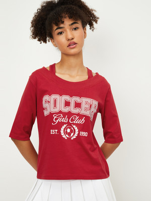 MAX Printed Women Round Neck Red T-Shirt