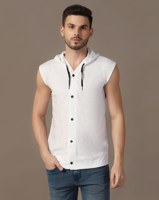 GEUM Solid Men Hooded Neck White T-Shirt