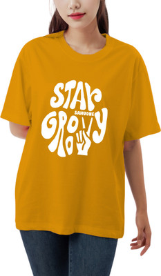 etsun Typography Women Round Neck Yellow T-Shirt