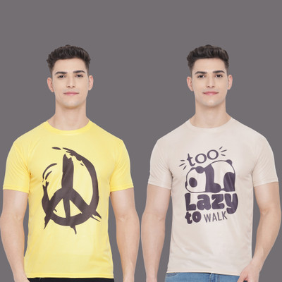 InkTees Printed Men Round Neck Yellow, Beige T-Shirt
