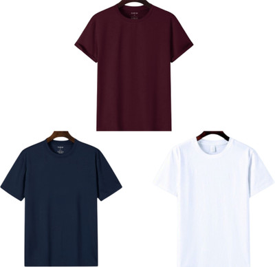 P collection Solid Men Round Neck Maroon, Navy Blue, White T-Shirt