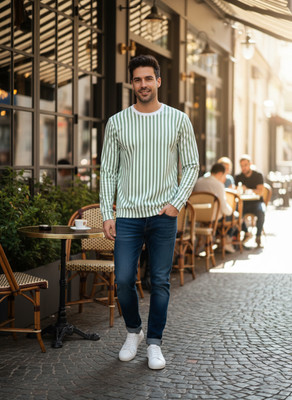 BANSII DHUN Striped Men Round Neck White, Green T-Shirt