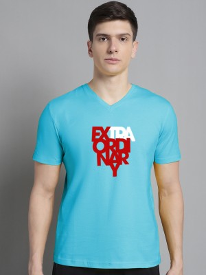 FBAR Typography Men V Neck Light Blue T-Shirt