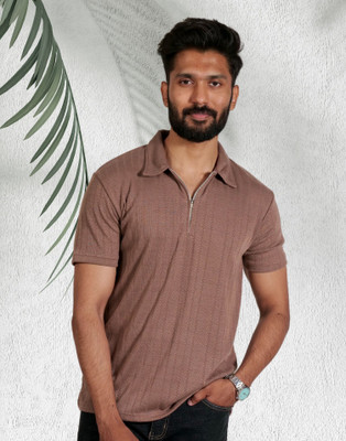 Lynx Self Design Men Polo Neck Brown T-Shirt