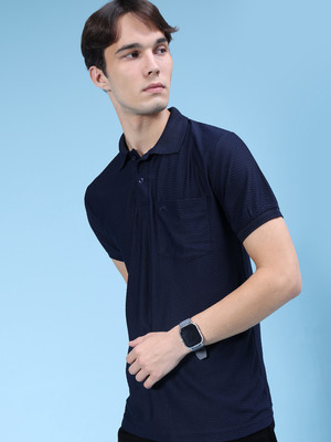 V-MART Solid Men Polo Neck Blue T-Shirt