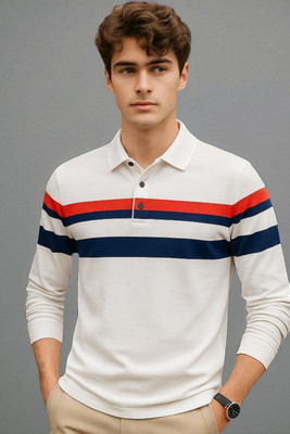 Autna Striped Men Polo Neck White T-Shirt