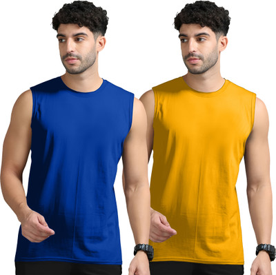 Adorbs Solid Men Round Neck Dark Blue, Yellow T-Shirt