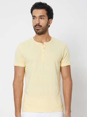 MUFTI Solid Men V Neck Yellow T-Shirt