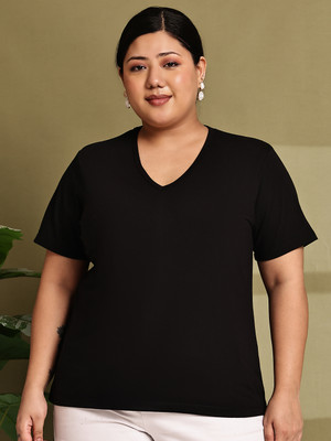 Moonaa Fashion Solid Women Round Neck Reversible Black T-Shirt