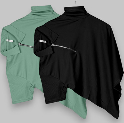 PRAIZY Solid Men Zip Neck Black, Light Green T-Shirt