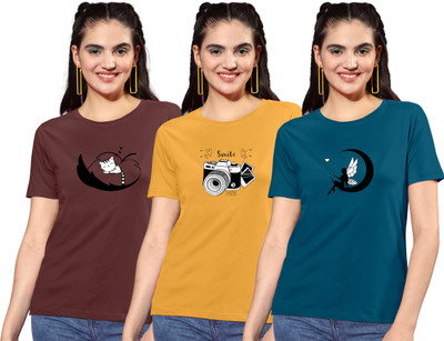 ZentWorld Graphic Print Women Round Neck Brown, Yellow, Dark Blue T-Shirt