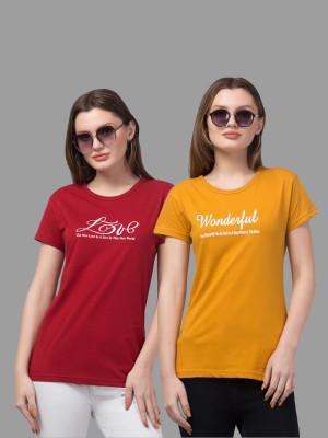 ZAVERA Typography Women Round Neck Maroon, Yellow T-Shirt