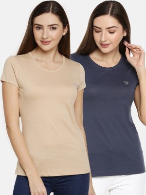 TWIN BIRDS Solid Women Round Neck Beige, Dark Blue T-Shirt