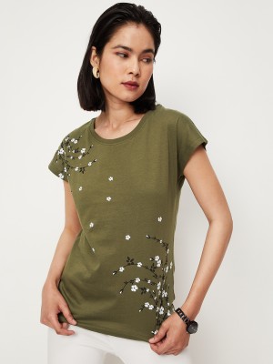 MAX Floral Print Women Round Neck Green T-Shirt