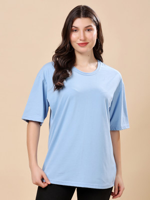 METRONAUT Solid Women Round Neck Light Blue T-Shirt