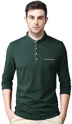 JB Jangoboy Solid Men Mandarin Collar Dark Green T-Shirt
