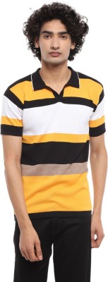 V-MART Striped Men Polo Neck Yellow T-Shirt