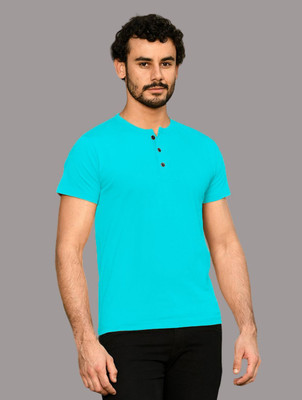 GEUM Solid Men Henley Neck Blue T-Shirt