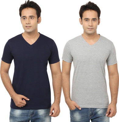 Tresna Trending Self Design, Solid Men V Neck Dark Blue, Grey T-Shirt