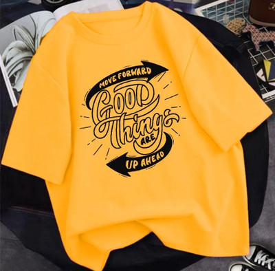 LWEXS Printed, Typography Women Round Neck Yellow T-Shirt