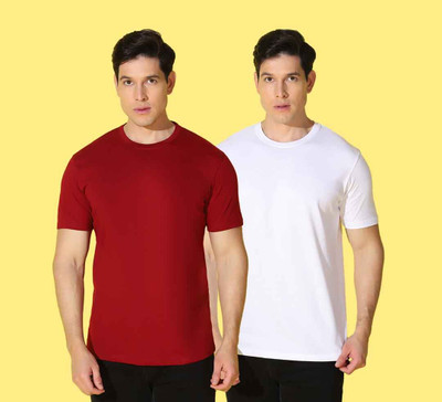 WOOSTRO Solid, Printed Men Round Neck White, Maroon T-Shirt
