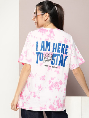 Kook N Keech Tie & Dye, Typography Women Round Neck Pink T-Shirt