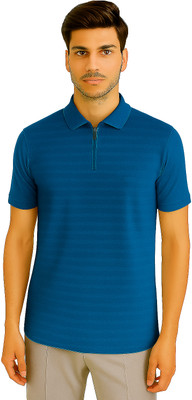 RMLKN Solid Men Zip Neck Blue T-Shirt