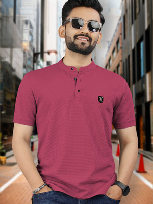 VeBNoR Solid Men Mandarin Collar Pink T-Shirt