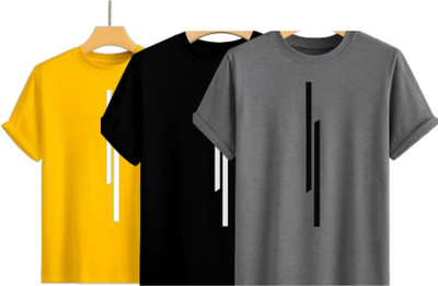 Misty Creation Printed, Self Design Men Round Neck Yellow, Black, Grey T-Shirt
