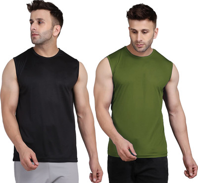 UDI n ADI Solid Men Round Neck Black, Dark Green T-Shirt