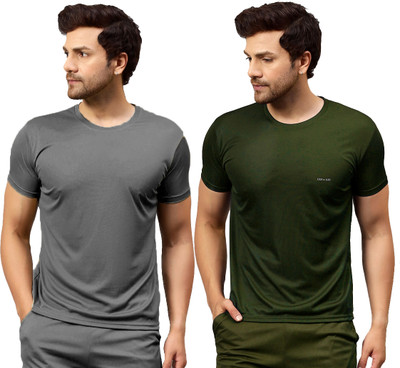 UDI n ADI Solid Men Round Neck Grey, Dark Green T-Shirt