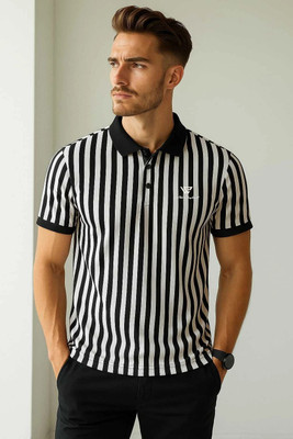 WILD ELEPHANT Striped Men Polo Neck Black T-Shirt