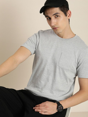 encore by INVICTUS Solid Men Round Neck Grey T-Shirt
