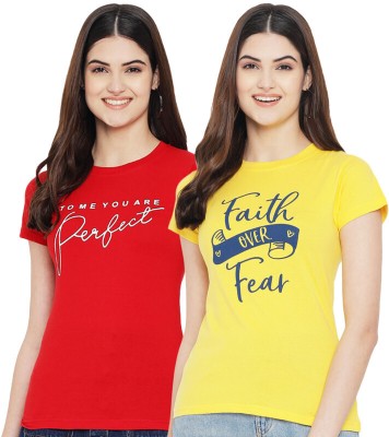 Fabflee Printed Women Round Neck Yellow, Red T-Shirt