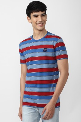 Peter England University Striped Men Round Neck Blue T-Shirt