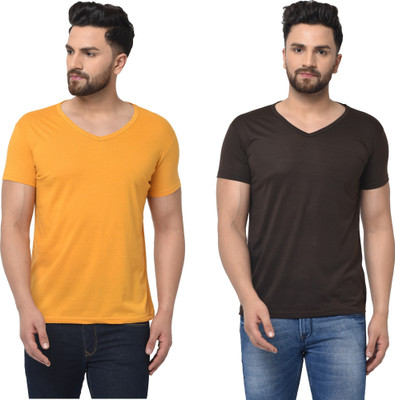 Adorbs Trend Solid Men V Neck Brown, Yellow T-Shirt