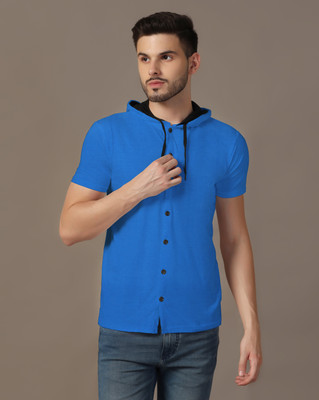 GEUM Solid Men Hooded Neck Blue T-Shirt