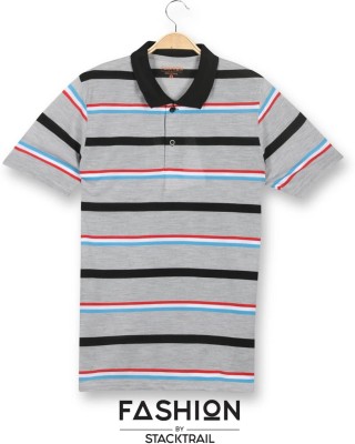 Fashion By Stacktrail Striped Men Polo Neck Grey T-Shirt