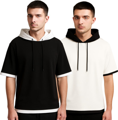 LILBITS Solid Men Hooded Neck Black, White T-Shirt
