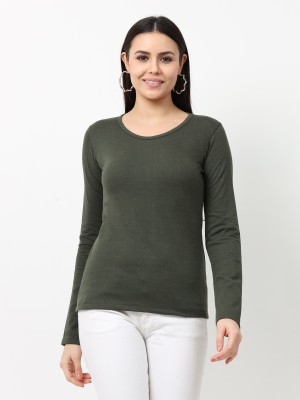 Wafaa Solid Women Round Neck Green T-Shirt