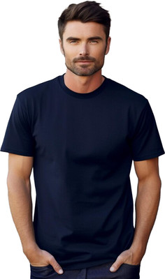 JEDFER Solid Men Round Neck Navy Blue T-Shirt