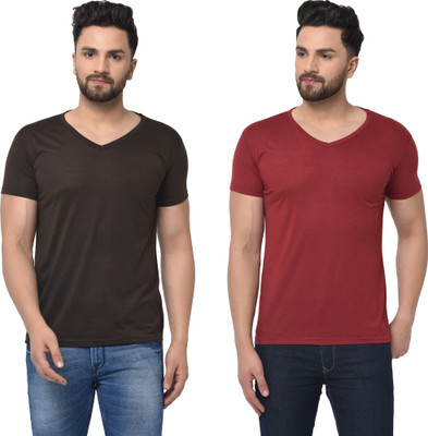 Tresna Trending Solid Men V Neck Brown, Maroon T-Shirt