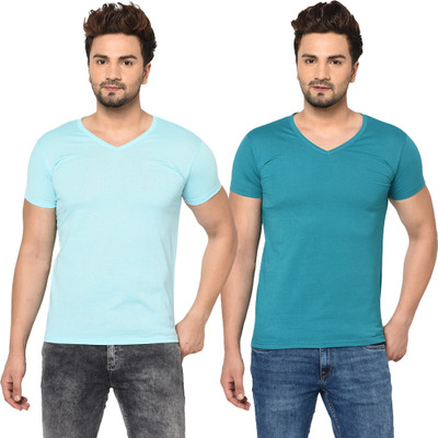 Tresna Fab Solid Men V Neck Blue, Green T-Shirt